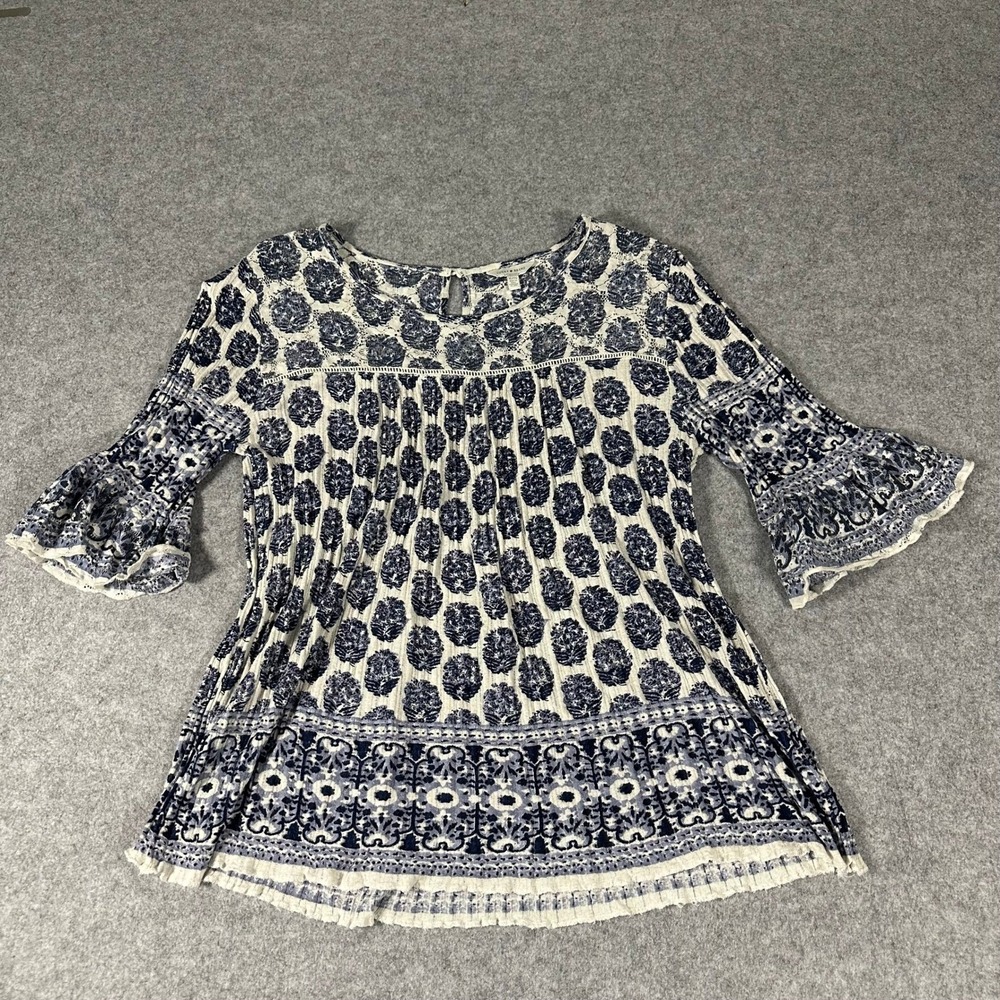 Lucky Brand Peasant Top Womens XL Blue White Floral Lace Bell Sleeve Boho